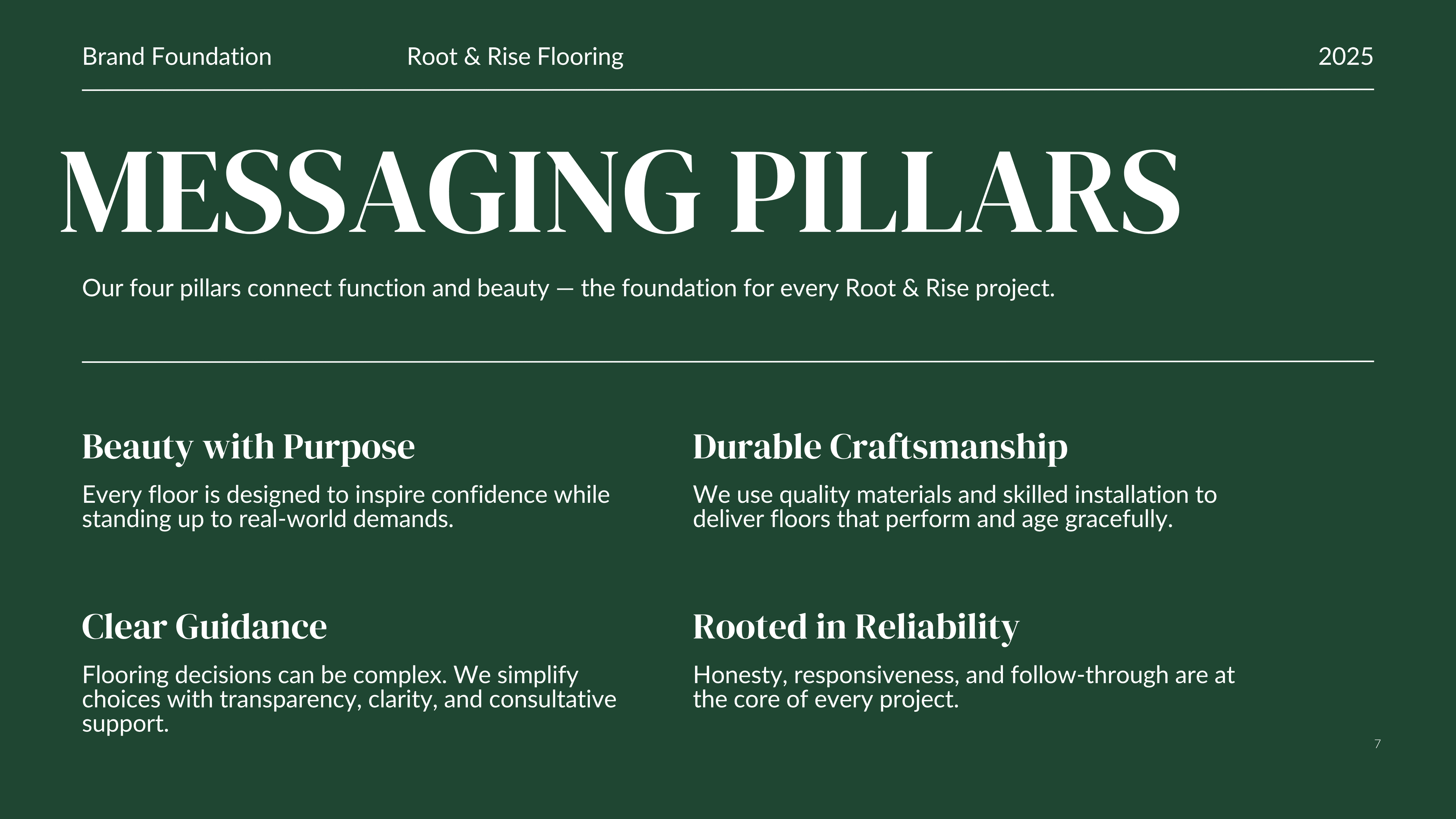 Messaging Pillars — beauty with purpose, clear guidance, durable craftsmanship, rooted in reliability