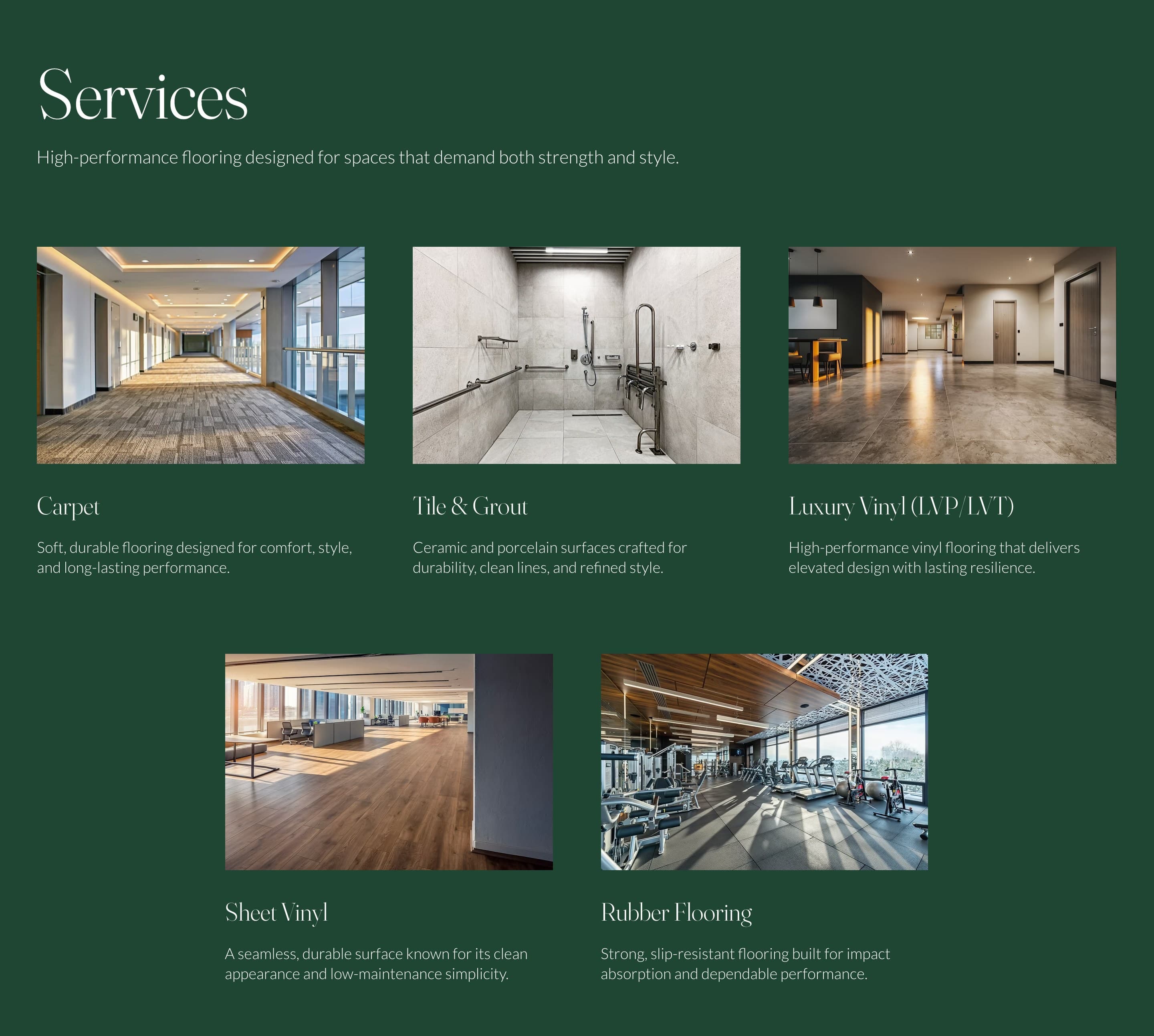 Root & Rise site Services section — five flooring types (Carpet, Tile & Grout, Luxury Vinyl, Sheet Vinyl, Rubber Flooring) on Deep Green