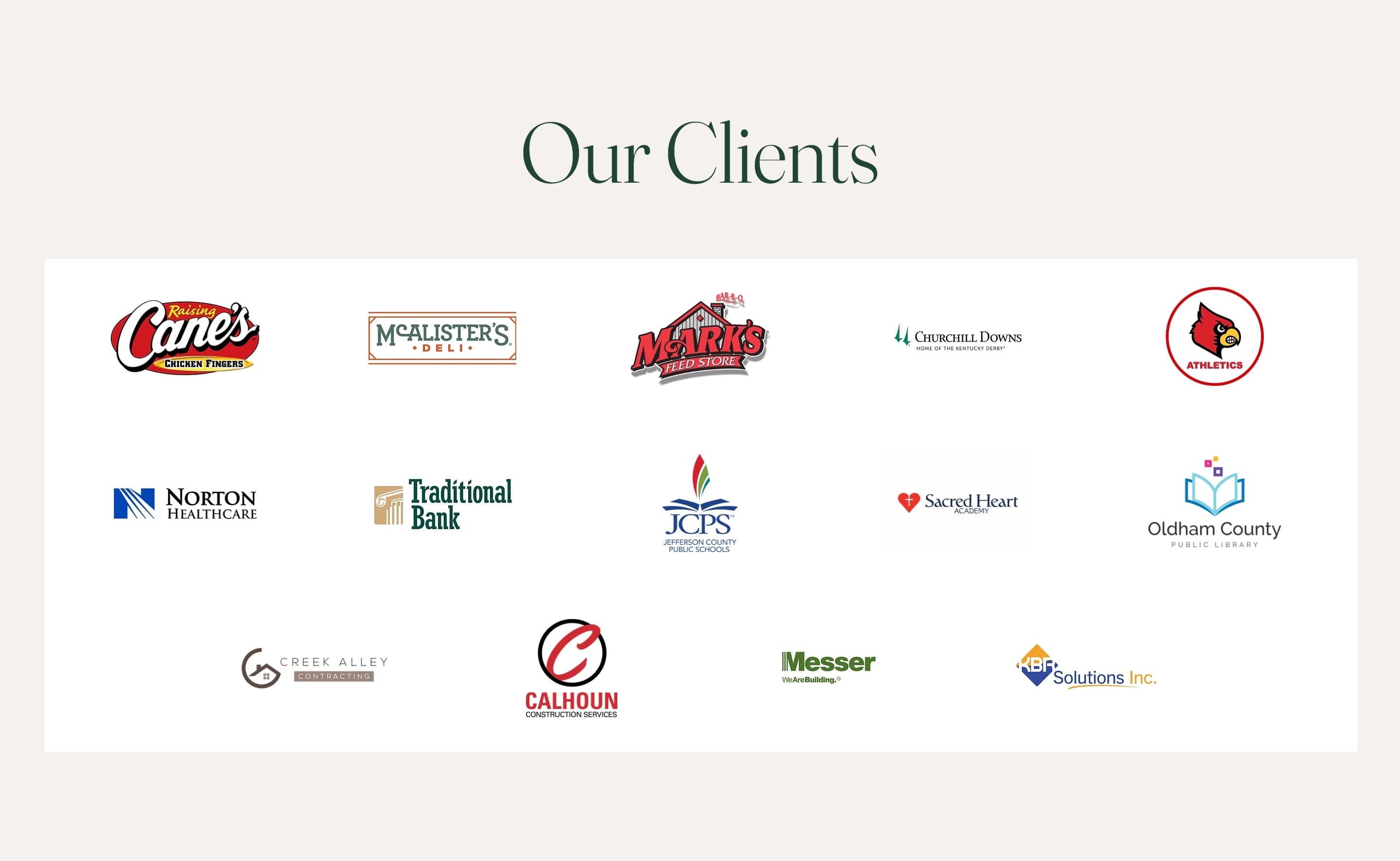Root & Rise site Our Clients section — logo roster spanning institutional, Louisville-regional, and commercial construction buyers